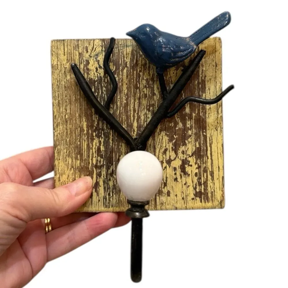 Rustic Wood Mounted Bird on Branch Wall Hook Rustic Farmhouse Cottagecore